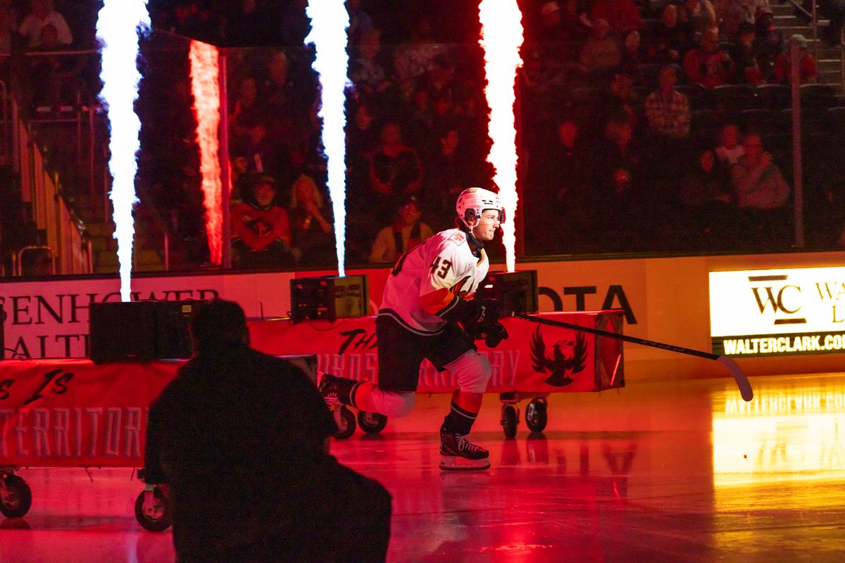 Coachella Valley Firebirds defenseman Tyson Jugnauth (43) skates onto the ice during pregame introductions before an AHL hockey game against the Ontario Reign, Sunday, Oct. 11, 2026, in Palm Desert, Calif.