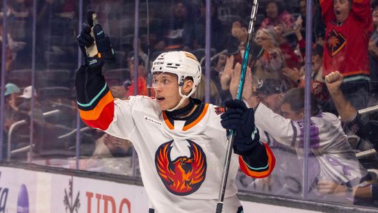 Coachella Valley Firebirds forward Eduard Šalé (12) celebrates a goal during an AHL hockey game against the Ontario Reign, Sunday, October 11, 2026, in Palm Desert, Calif.