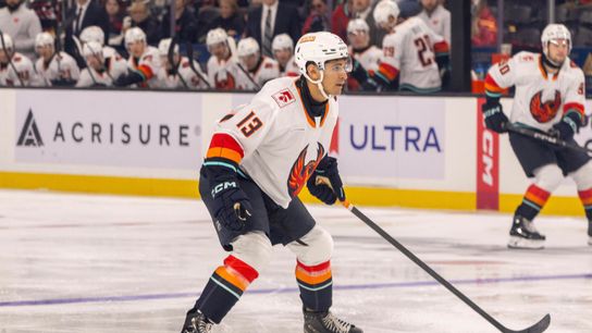 Coachella Valley Firebirds defenseman Lleyton Moore (13) skates during the third period of an AHL hockey game against the Ontario Reign, Sunday, October 11, 2026, in Palm Desert, Calif.