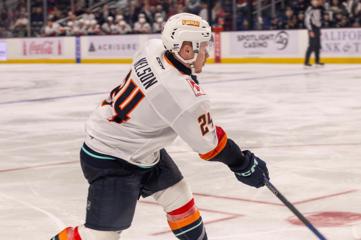 Coachella Valley Firebirds defenseman Ty Nelson (24) shoots the puck on goal during the third period of an AHL hockey game against the Ontario Reign, Sunday, October 11, 2026, in Palm Desert, Calif.