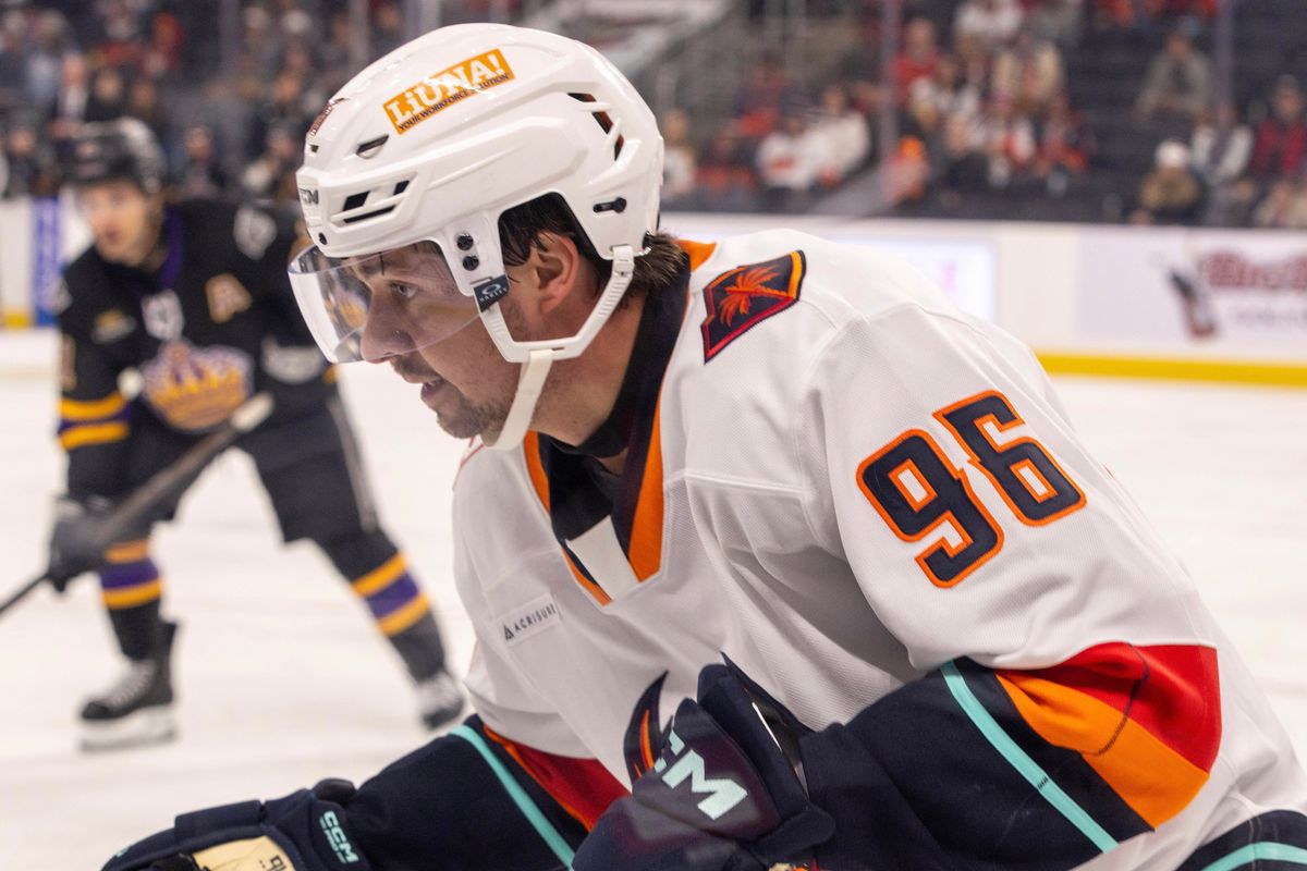Coachella Valley Firebirds forward Logan Morrison (96) skates during the third period of an AHL hockey game against the Ontario Reign, Sunday, October 11, 2026, in Palm Desert, Calif.