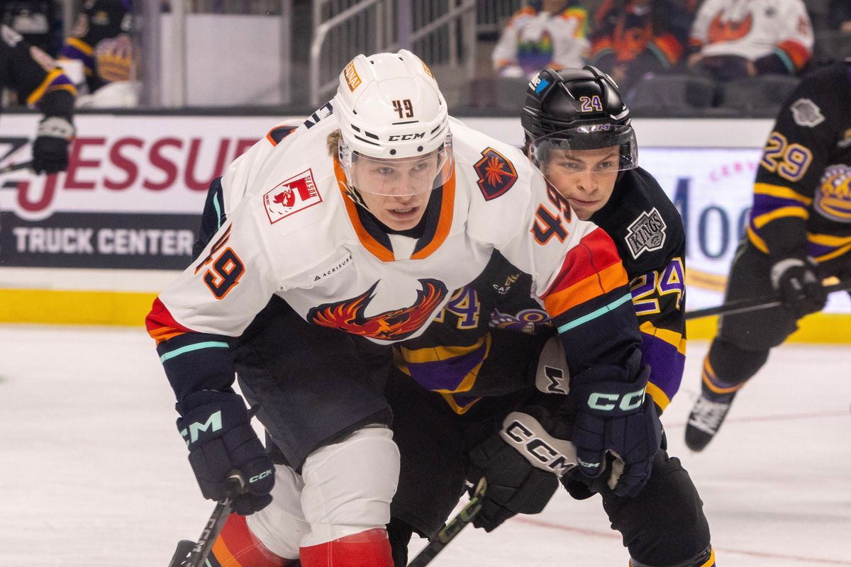 Coachella Valley Firebirds forward Julius Miettinen (49) battles an Ontario Reign defender for control of the puck during the third period of an AHL hockey game, Sunday, October 11, 2026, in Palm Desert, Calif.
