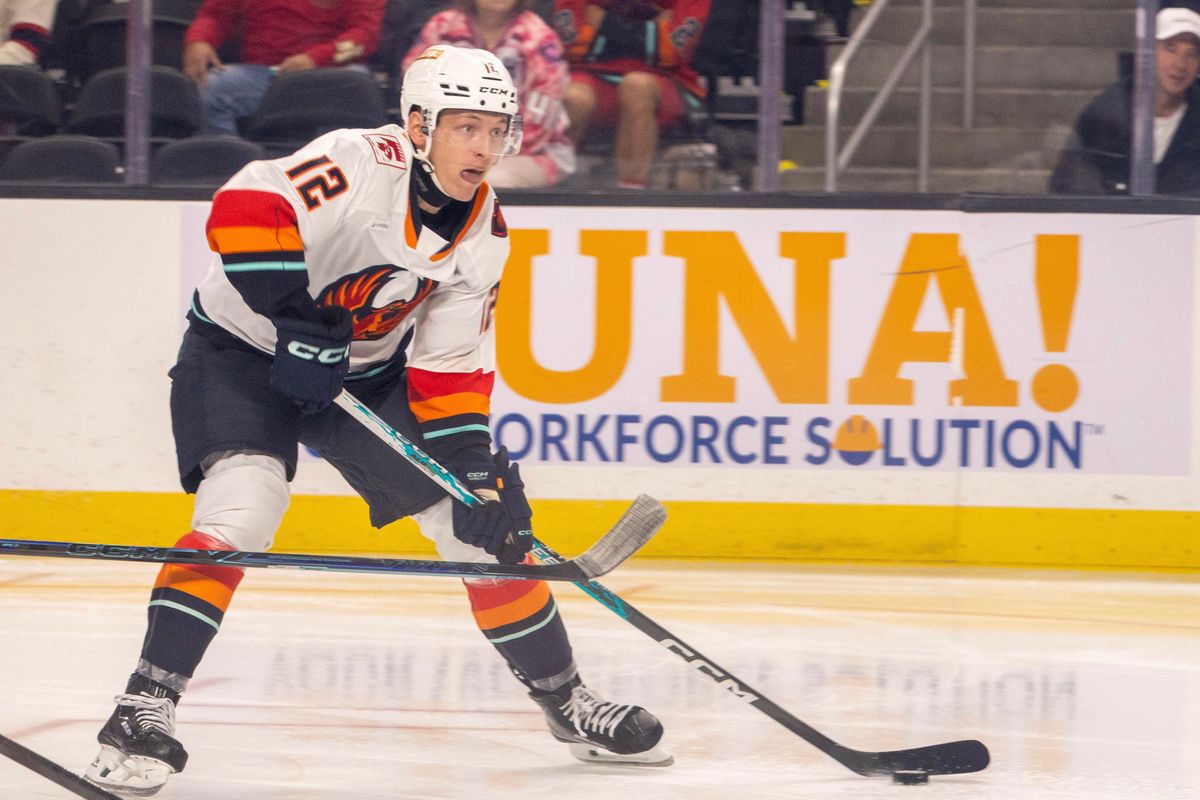 Coachella Valley Firebirds forward Eduard Šalé (12) attempts a shot on goal during an AHL hockey game against the Ontario Reign, Sunday, October 11, 2026, in Palm Desert, Calif.