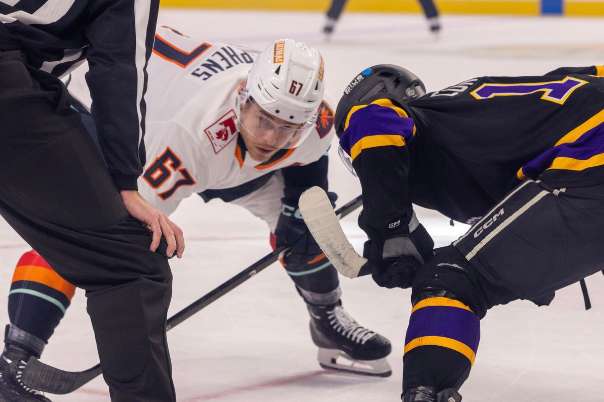 Coachella Valley Firebirds forward Mitchell Stephens (67) prepares for a faceoff during an AHL hockey game against the Ontario Reign, Sunday, October 11, 2026, in Palm Desert, Calif.