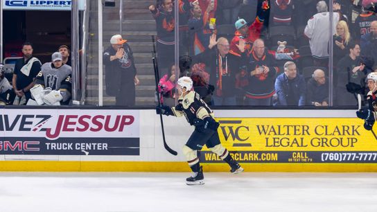 Coachella Valley Firebirds forward Ian McKinnon (21) celebrates his goal during the first period of an AHL hockey game against the Henderson Silver Knights at Acrisure Arena, Friday, Oct. 30, 2026, in Palm Desert, Calif.