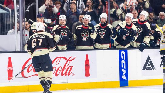 Coachella Valley Firebirds forward Mitchell Stephens (67) celebrates with teammates at the bench during the second period of an AHL hockey game against the Henderson Silver Knights at Acrisure Arena, Friday, Oct. 30, 2026, in Palm Desert, Calif.