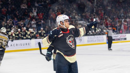 Coachella Valley Firebirds forward Mitchell Stephens (67) raises his arms in celebration during the second period of an AHL hockey game against the Henderson Silver Knights at Acrisure Arena, Friday, Oct. 30, 2026, in Palm Desert, Calif.
