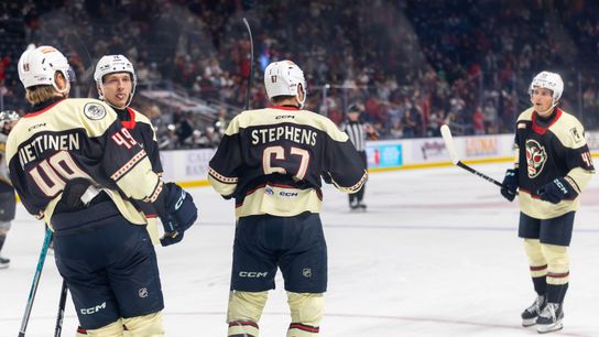 Coachella Valley Firebirds forward Mitchell Stephens (67) celebrates with teammates during the second period of an AHL hockey game against the Henderson Silver Knights at Acrisure Arena, Friday, Oct. 30, 2026, in Palm Desert, Calif.