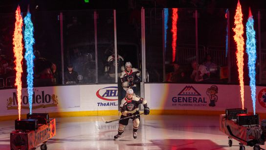 Coachella Valley Firebirds defenseman Kaden Hammell (47) takes the ice during player introductions before an AHL hockey game against the Henderson Silver Knights at Acrisure Arena, Friday, Oct. 30, 2026, in Palm Desert, Calif.