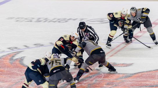 Coachella Valley Firebirds forward Carson Rehkopf (16) takes a faceoff during the first period of an AHL hockey game against the Henderson Silver Knights at Acrisure Arena, Friday, Oct. 30, 2026, in Palm Desert, Calif.