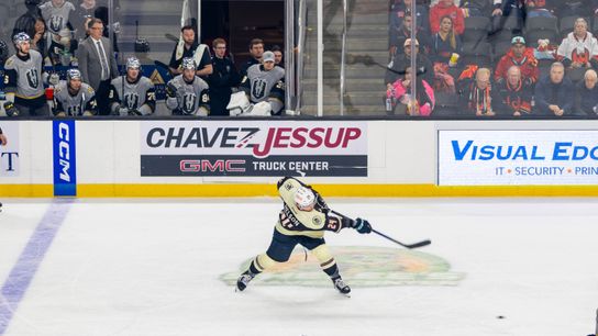 Coachella Valley Firebirds defenseman Ty Nelson (24) shoots the puck during the first period of an AHL hockey game against the Henderson Silver Knights at Acrisure Arena, Friday, Oct. 30, 2026, in Palm Desert, Calif.