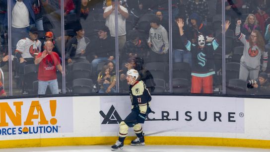 Coachella Valley Firebirds forward Ian McKinnon (21) skates along the boards after scoring a goal during the first period of an AHL hockey game against the Henderson Silver Knights at Acrisure Arena, Friday, Oct. 30, 2026, in Palm Desert, Calif.
