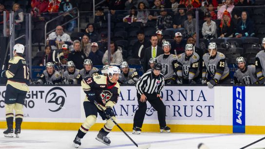 Coachella Valley Firebirds defenseman Tyson Jugnauth (43) handles the puck during the third period of an AHL hockey game against the Henderson Silver Knights at Acrisure Arena, Friday, Oct. 30, 2026, in Palm Desert, Calif.