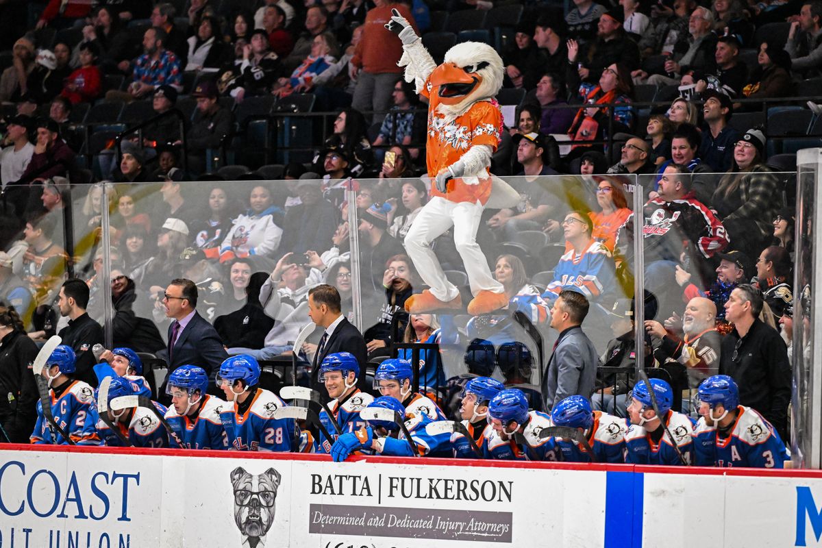 Gulliver, the San Diego Gulls mascot, dances on the boards behind the Gulls bench during an AHL hockey game against the Ontario Reign, Friday, December 27, 2024 in San Diego, Calif.