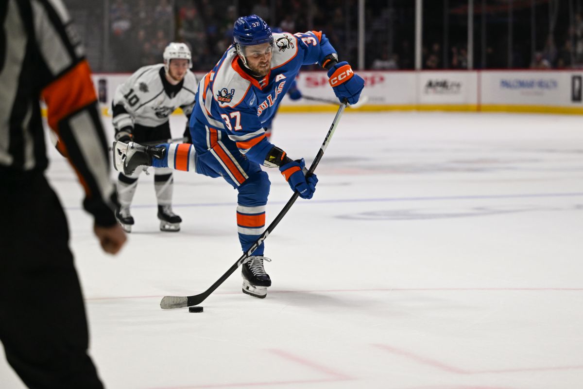 San Diego Gulls defenseman Roland McKeown (37) takes a shot in overtime during an AHL hockey game against the Ontario Reign, Friday, December 27, 2024 in San Diego, Calif.