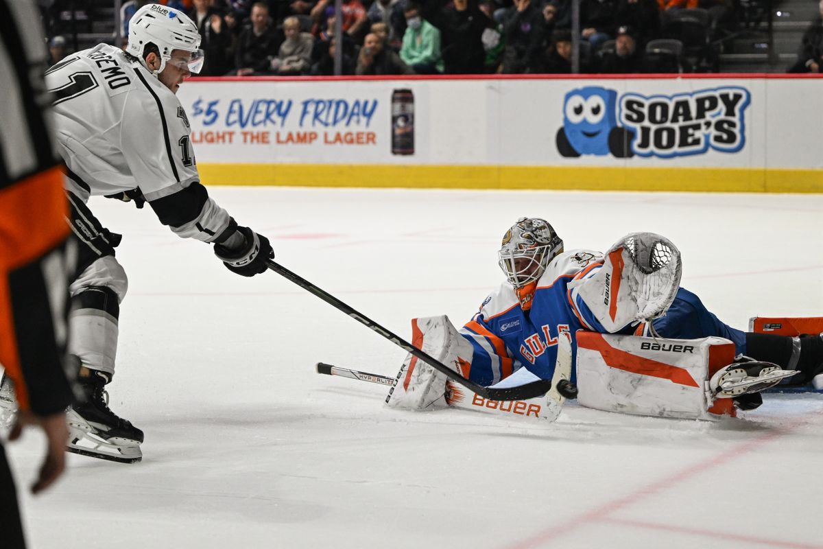 San Diego Gulls goalie Calle Clang (31) makes a save against Ontario Reign forward Samuel Fagemo (11) in the shootout during an AHL hockey game, Friday, December 27, 2024 in San Diego, Calif.