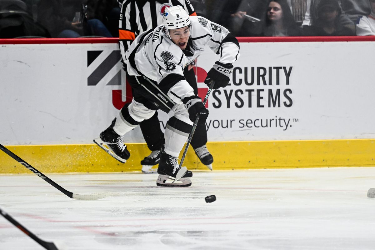 Ontario Reign forward Martin Chromiak (8) makes a pass during an AHL hockey game against the San Diego Gulls, Friday, December 27, 2024 in San Diego, Calif.