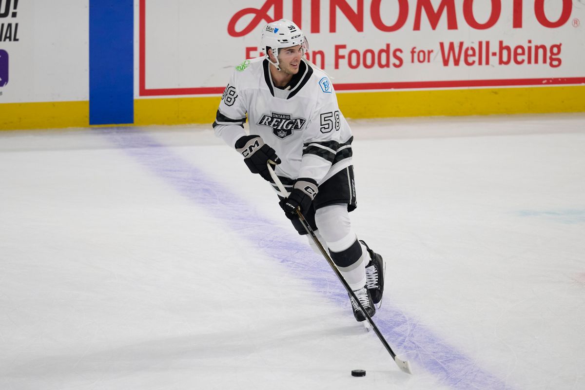 Ontario Reign defender Samuel Boldue (58) passes during an AHL hockey game against the San Jose Barracudas, Tuesday November 4th, 2025 in Ontario Calif Ontario Reign defender Samuel Boldue (58) passes during an AHL hockey game against the San Jose Barracudas, Tuesday November 4th, 2025 in Ontario Calif