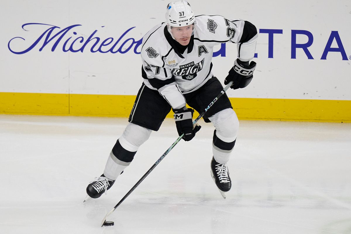 Ontario Reign forward Jacob Doty (37) passes during an AHL hockey game against the San Jose Barracudas, Tuesday November 4th, 2025 in Ontario Calif Ontario Reign forward Jacob Doty (37) passes during an AHL hockey game against the San Jose Barracudas, Tuesday November 4th, 2025 in Ontario Calif