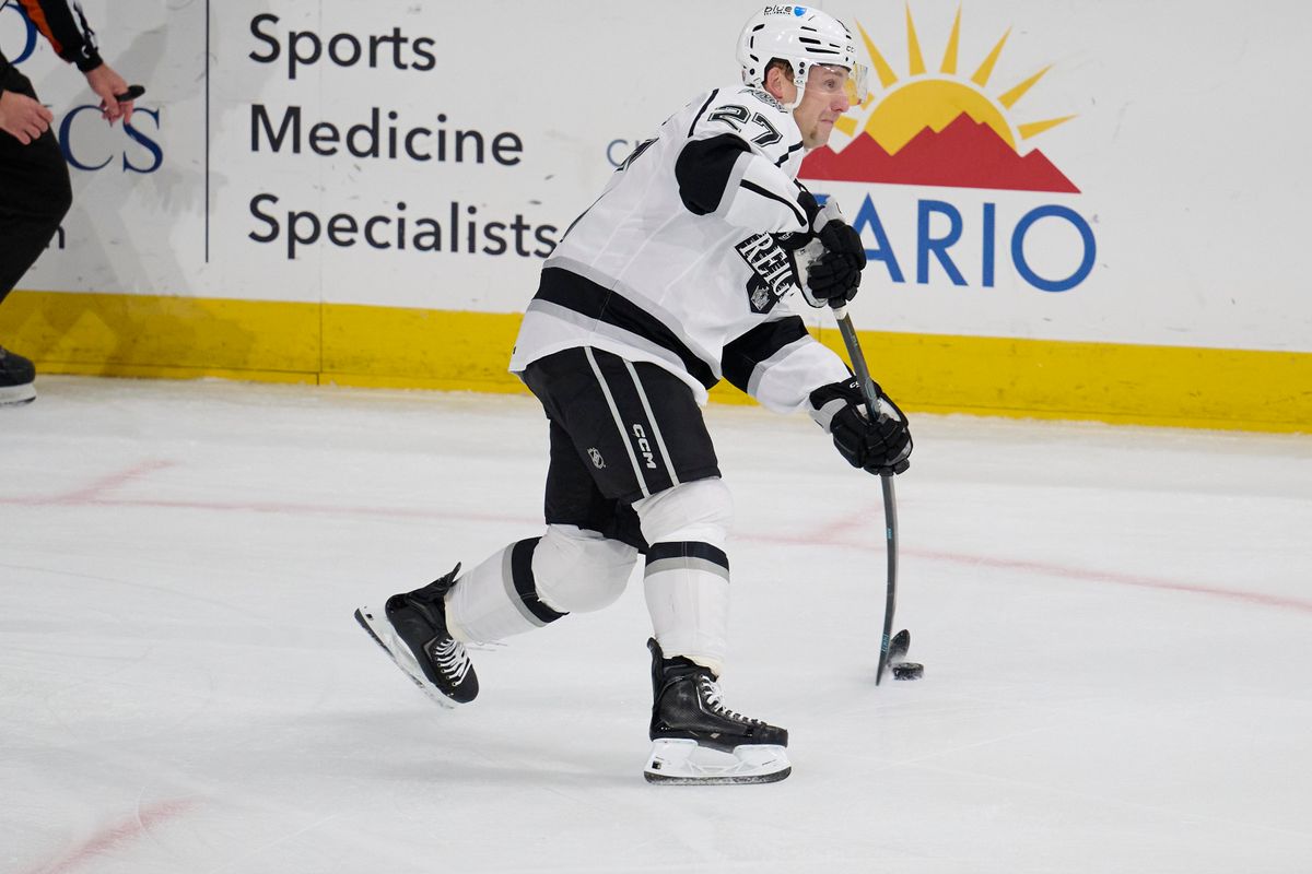 Ontario Reign defender Joe Hicketts (27) passes during an AHL hockey game against the San Jose Barracudas, Tuesday November 4th, 2025 in Ontario Calif Ontario Reign defender Joe Hicketts (27) passes during an AHL hockey game against the San Jose Barracudas, Tuesday November 4th, 2025 in Ontario Calif