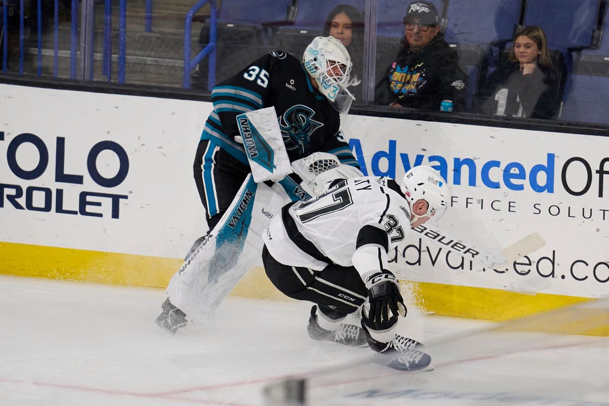 Ontario Reign forward Jacob Doty (37) fights for possession during an AHL hockey game against the San Jose Barracudas, Tuesday November 4th, 2025 in Ontario Calif Ontario Reign forward Jacob Doty (37) fights for possession during an AHL hockey game against the San Jose Barracudas, Tuesday November 4th, 2025 in Ontario Calif