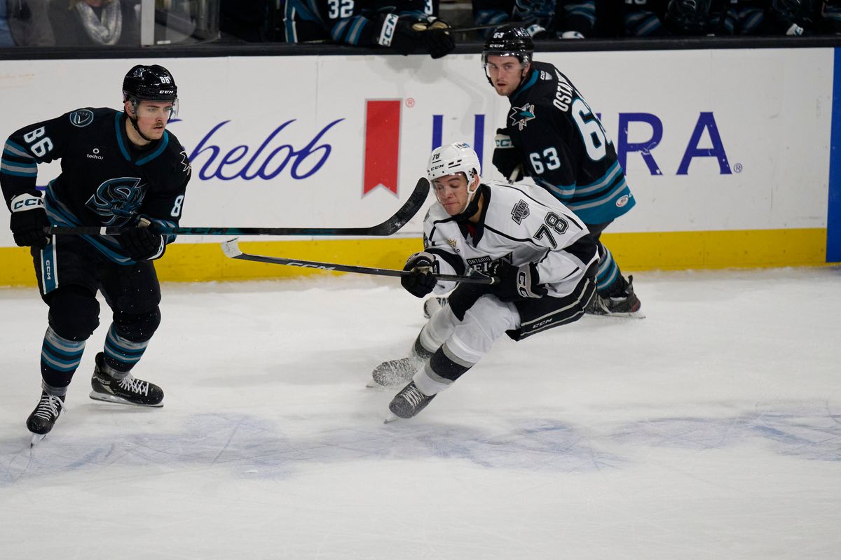 Ontario Reign forward Jared Wright (78) passes during an AHL hockey game against the San Jose Barracudas, Tuesday November 4th, 2025 in Ontario Calif Ontario Reign forward Jared Wright (78) passes during an AHL hockey game against the San Jose Barracudas, Tuesday November 4th, 2025 in Ontario Calif