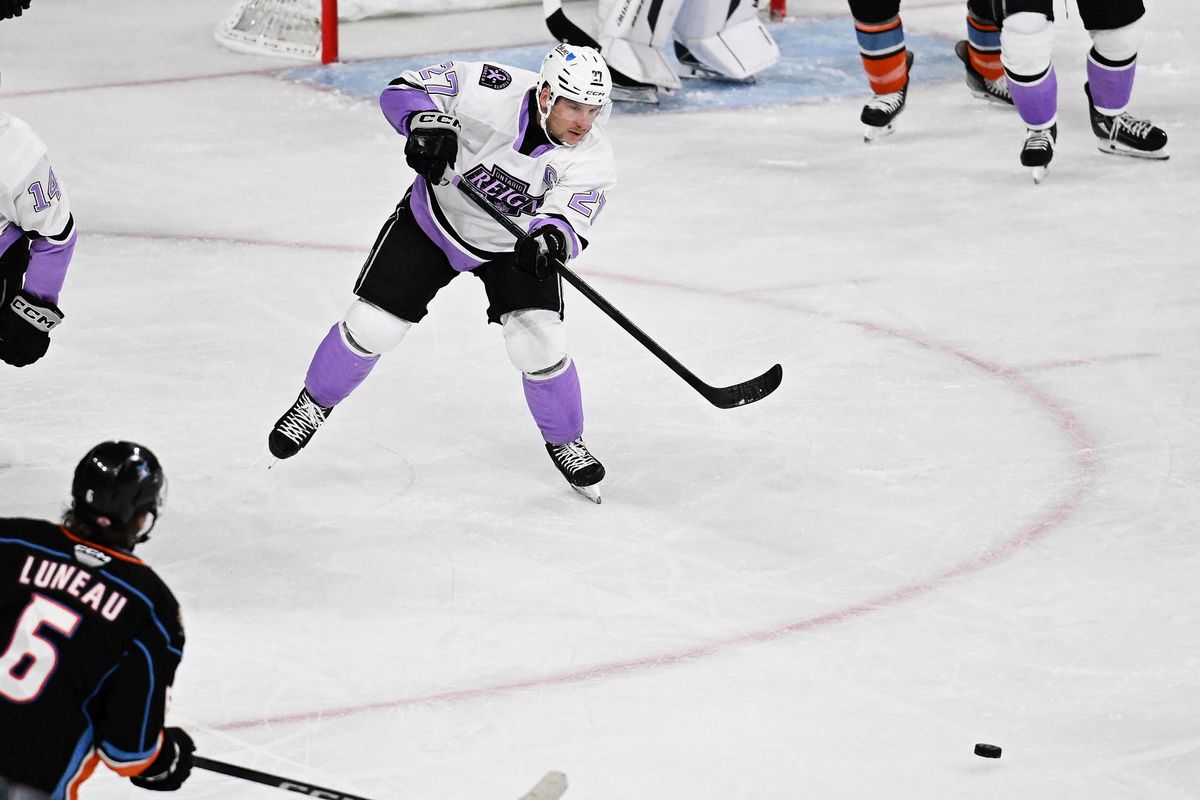 Ontario Reign defender Joe Hicketts (27) passes during an AHL hockey game against the San Diego Gulls, Saturday November 8th, 2025 in Ontario, Calif.