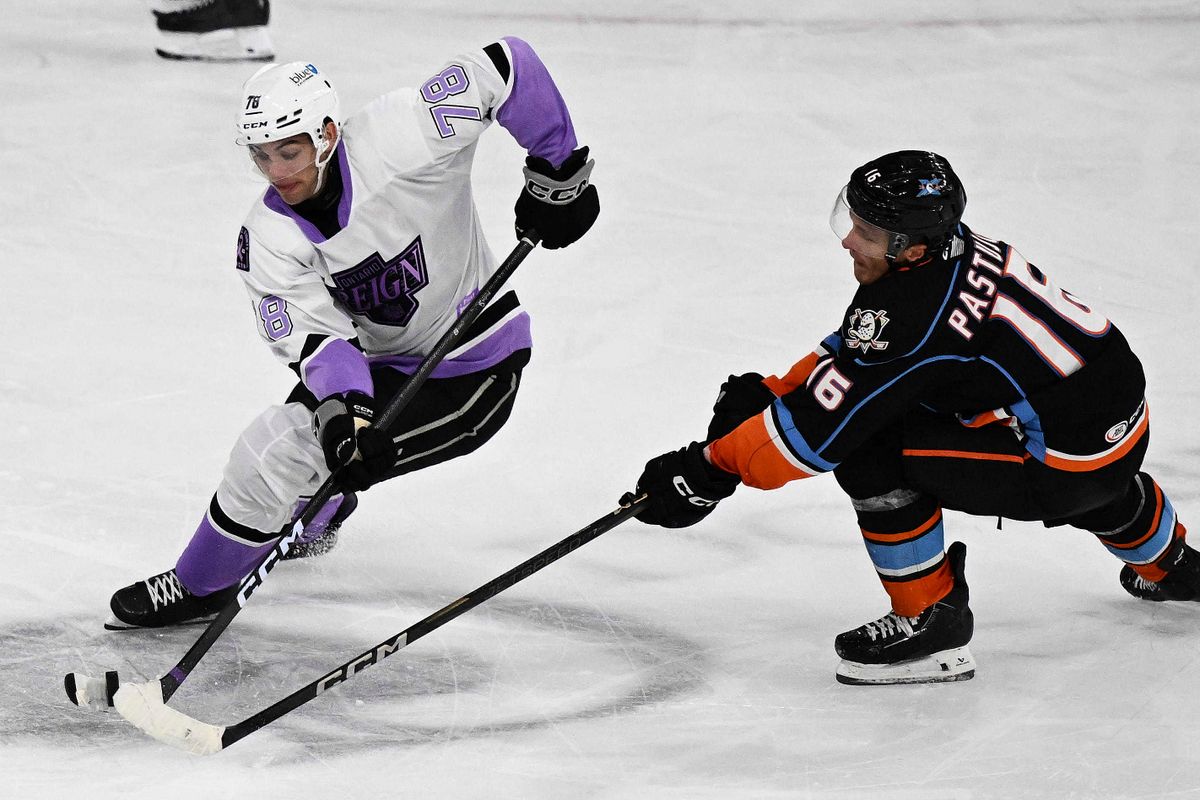 Ontario Reign forward Jared Wright (78) gains possession during an AHL hockey game against the San Diego Gulls, Saturday November 8th, 2025 in Ontario, Calif.