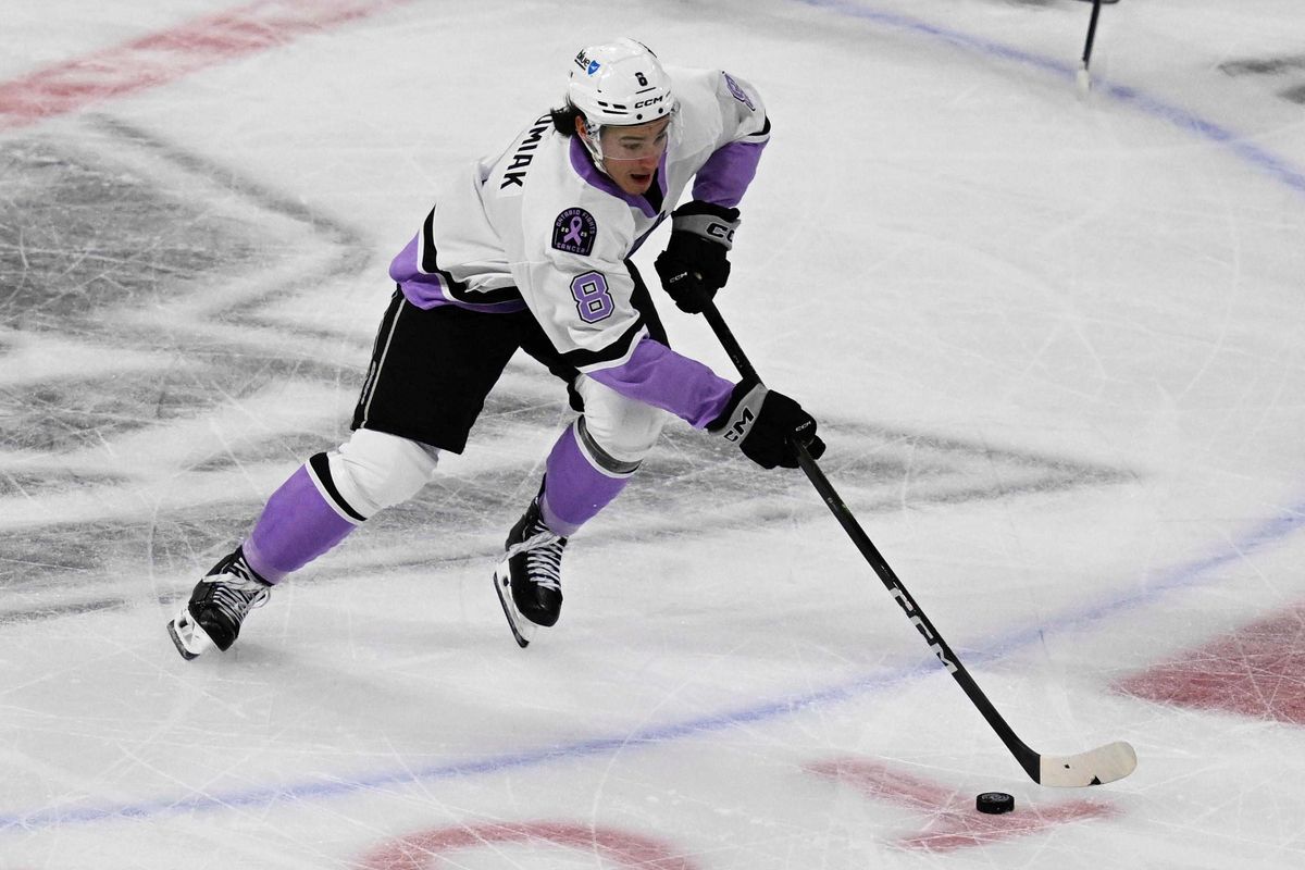 Ontario Reign forward Martin Chromiak  (8) gains possession during an AHL hockey game against the San Diego Gulls, Saturday November 8th, 2025 in Ontario, Calif.