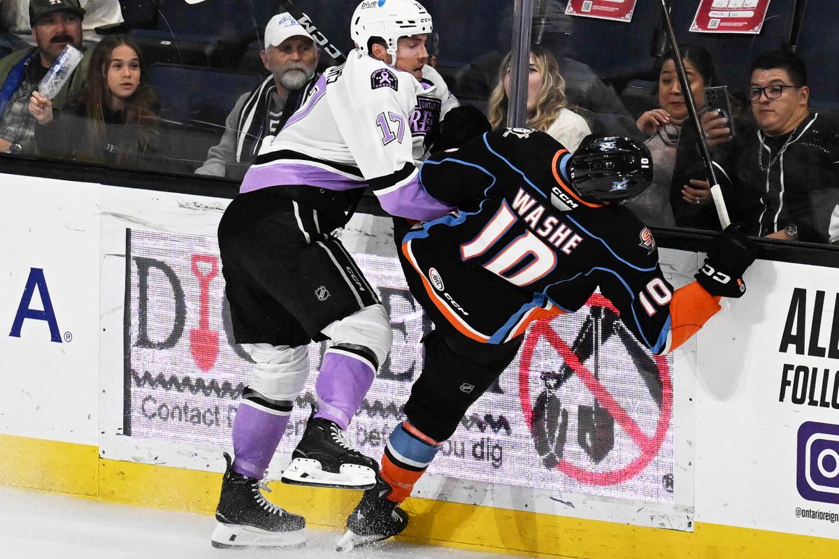 Ontario Reign forward Kenny Connors (17) does a defensive check during an AHL hockey game against the San Diego Gulls, Saturday November 8th, 2025 in Ontario, Calif.