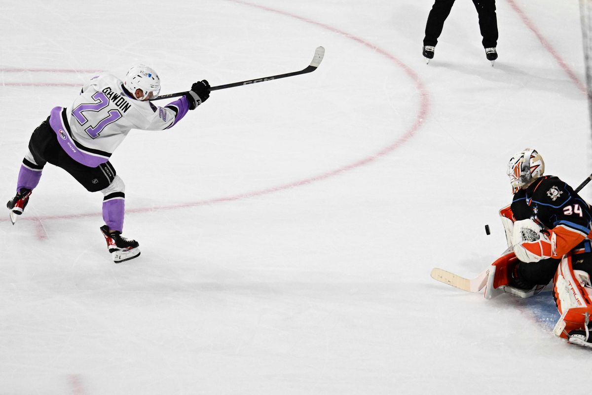 Ontario Reign forward Glenn Gawdin (21) shoots a penalty shot during an AHL hockey game against the San Diego Gulls, Saturday November 8th, 2025 in Ontario, Calif.