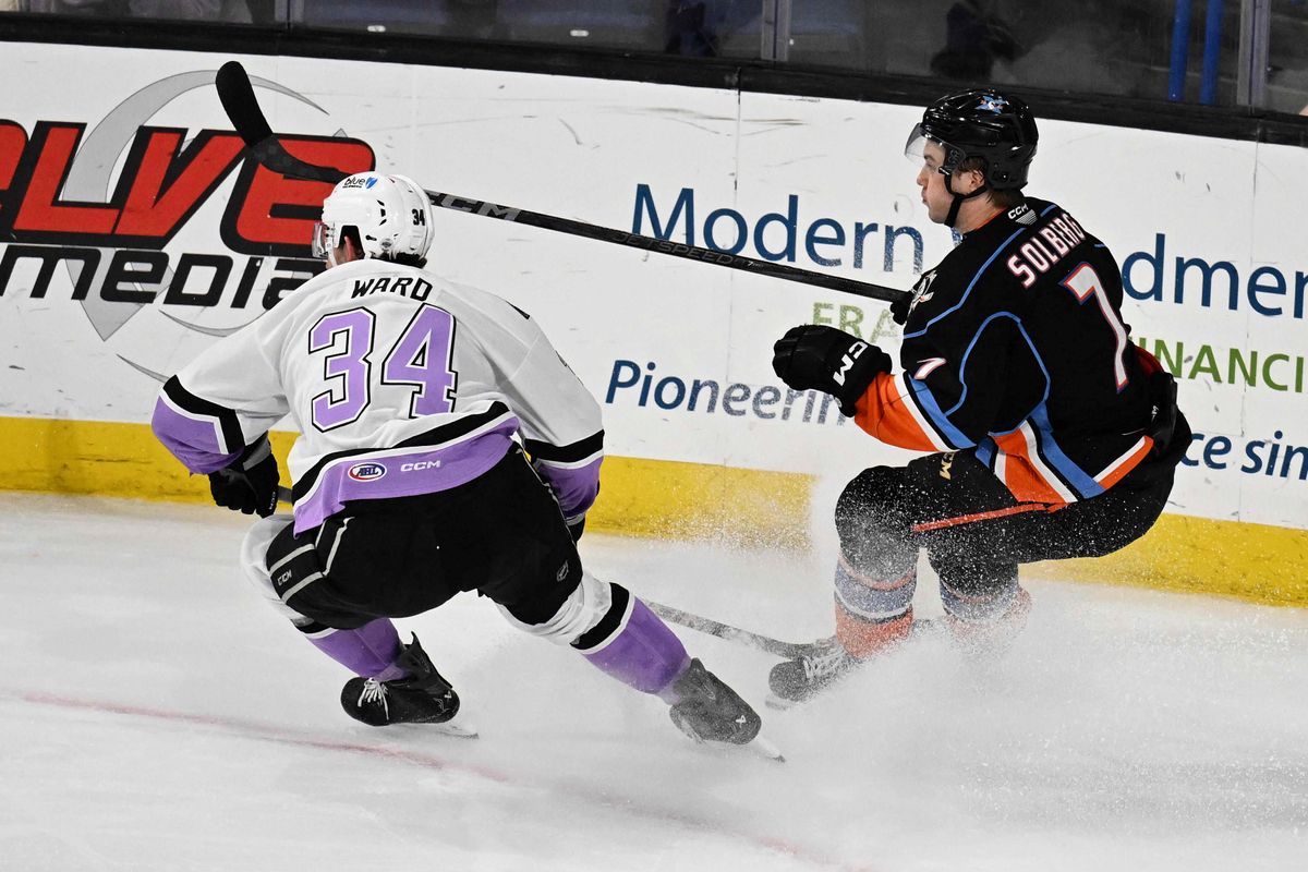 Ontario Reign forward Taylor Ward (34) fights for possession during an AHL hockey game against the San Diego Gulls, Saturday November 8th, 2025 in Ontario, Calif.