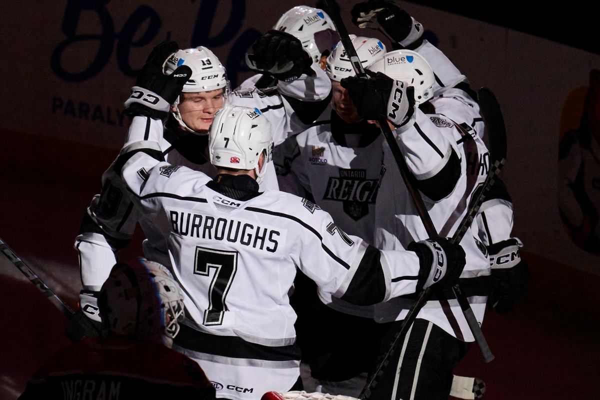 Ontario reign defender Kyle Burroughs (7) celebrates a goal during an AHL hockey game against the Bakersfield Condors, Friday November 21, 2025 in Ontario, Calif.