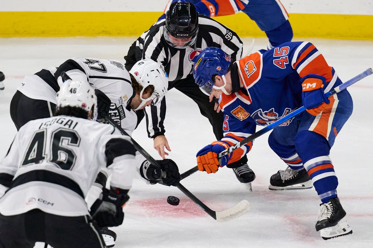 Ontario reign forward Jack Hughes (47) does a face off during an AHL hockey game against the Bakersfield Condors, Friday November 21, 2025 in Ontario, Calif.