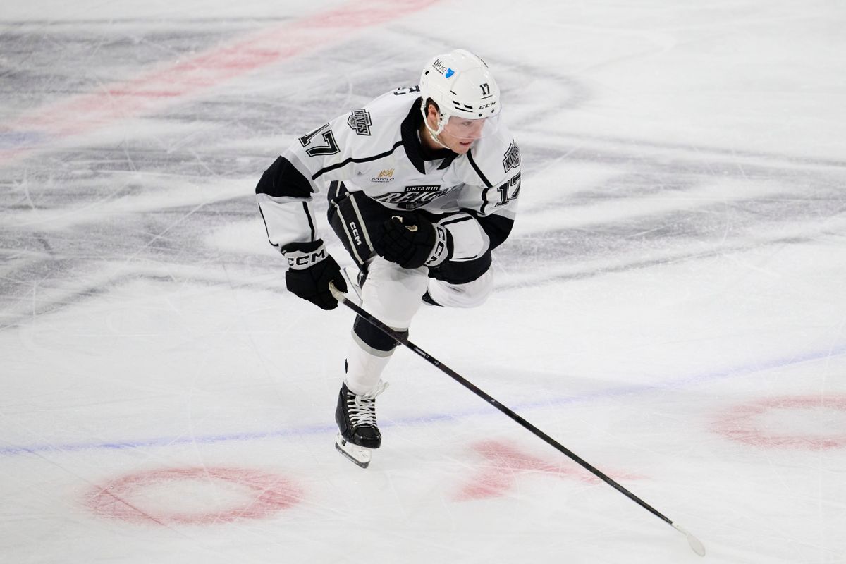 Ontario reign forward Kenny Connors (17) sprints for possession during an AHL hockey game against the Bakersfield Condors, Friday November 21, 2025 in Ontario, Calif.