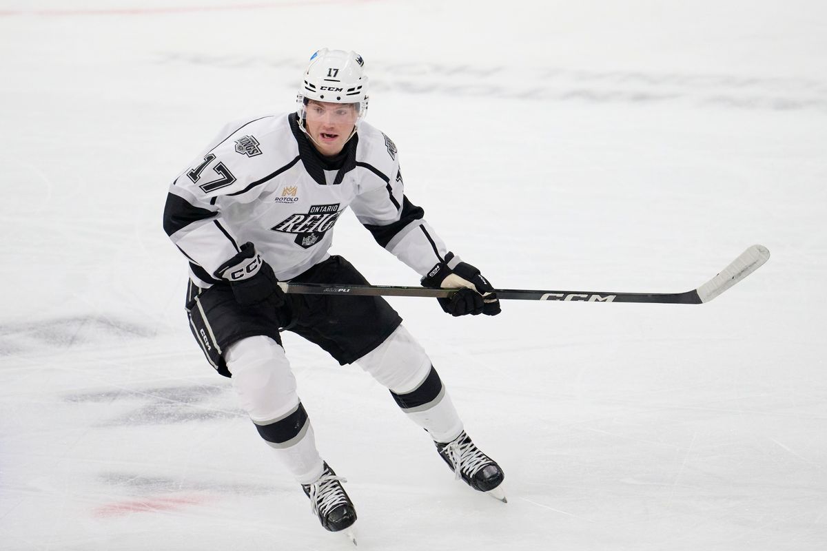 Ontario reign forward Kenny Connors (17) looks for possession during an AHL hockey game against the Bakersfield Condors, Friday November 21, 2025 in Ontario, Calif.