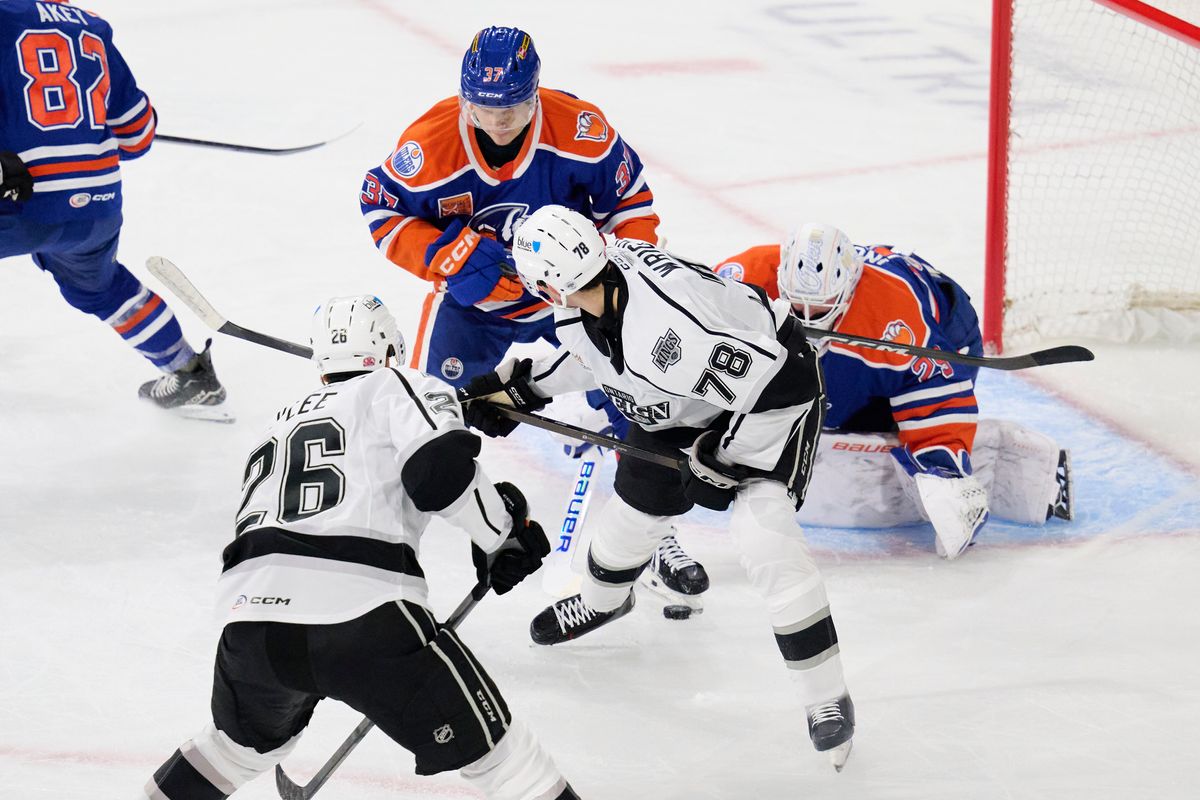 Ontario reign forward Jared Wright (78) fights for a goal attempt during an AHL hockey game against the Bakersfield Condors, Friday November 21, 2025 in Ontario, Calif.