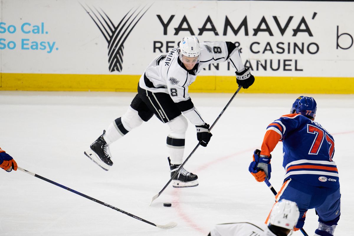 Ontario reign forward Martin Chromiak (8) shoots a goal attempt during an AHL hockey game against the Bakersfield Condors, Friday November 21, 2025 in Ontario, Calif.