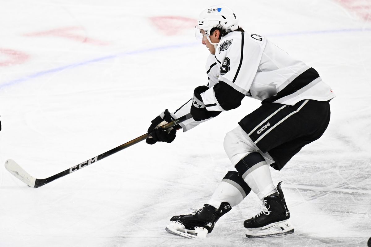 Ontario Reign forward Martin Chromiak (8) controls the puck during an AHL hockey game agains’t the Texas Stars, Tuesday December 9th, 2025 in Ontario, Calif.
