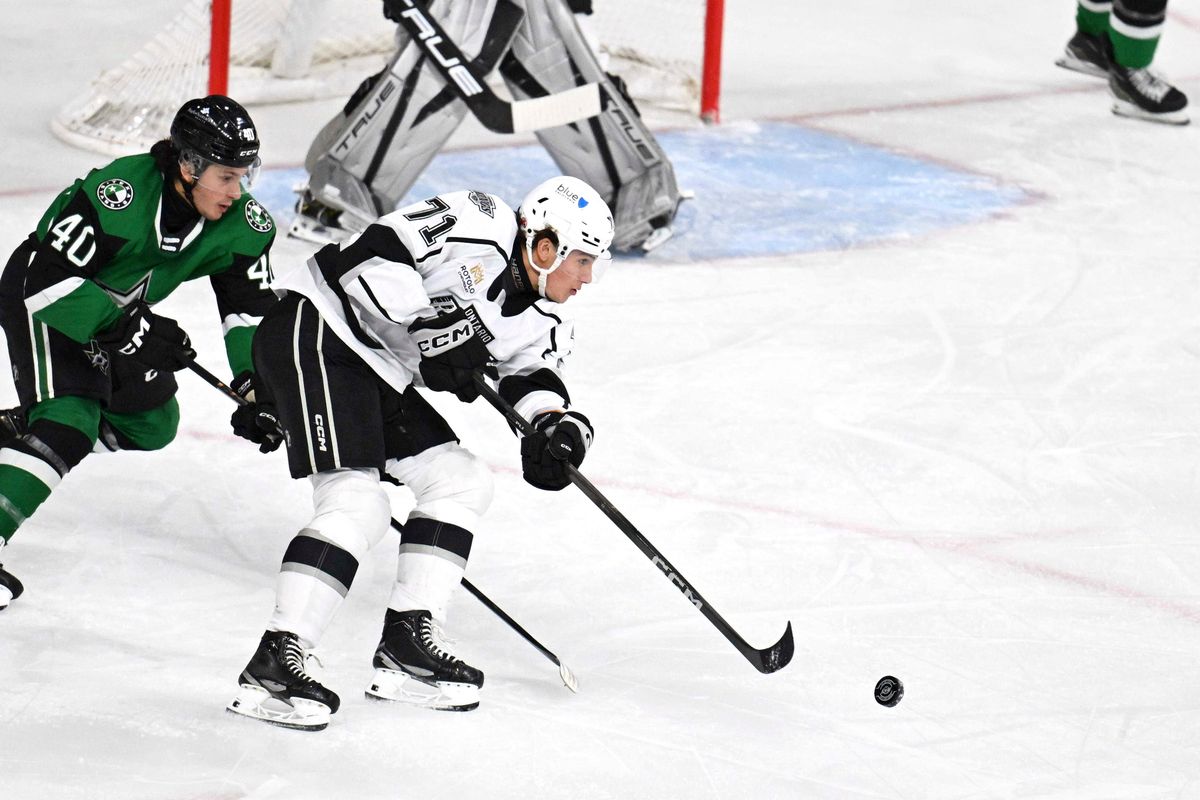 Ontario Reign forward Francesco Pinelli (71) passes the puck during an AHL hockey game agains’t the Texas Stars, Tuesday December 9th, 2025 in Ontario, Calif.