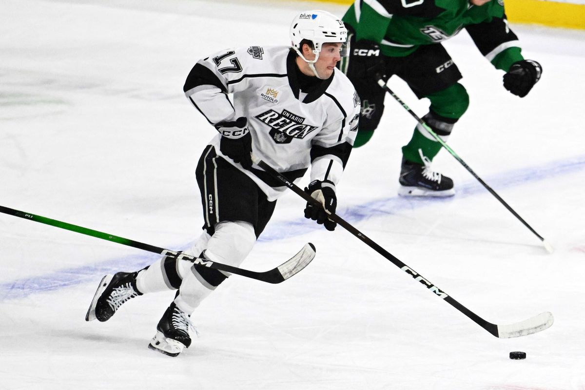 Ontario Reign forward Kenny Connors (17) drives the puck forward during an AHL hockey game agains’t the Texas Stars, Tuesday December 9th, 2025 in Ontario, Calif.