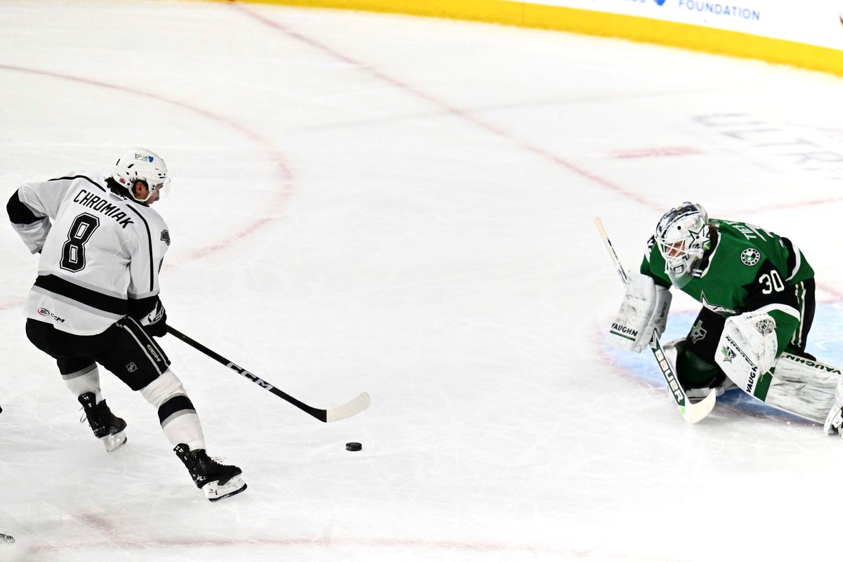 Ontario Reign forward Martin Chromiak (8) crosses for a goal attempt during an AHL hockey game agains’t the Texas Stars, Tuesday December 9th, 2025 in Ontario, Calif.