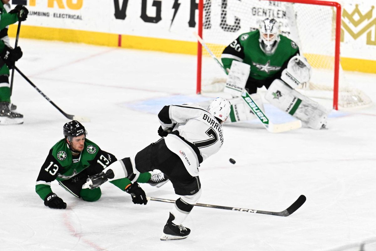 Ontario Reign defender Kyle Burroughs (7) shoots a goal attempt during an AHL hockey game agains’t the Texas Stars, Tuesday December 9th, 2025 in Ontario, Calif.