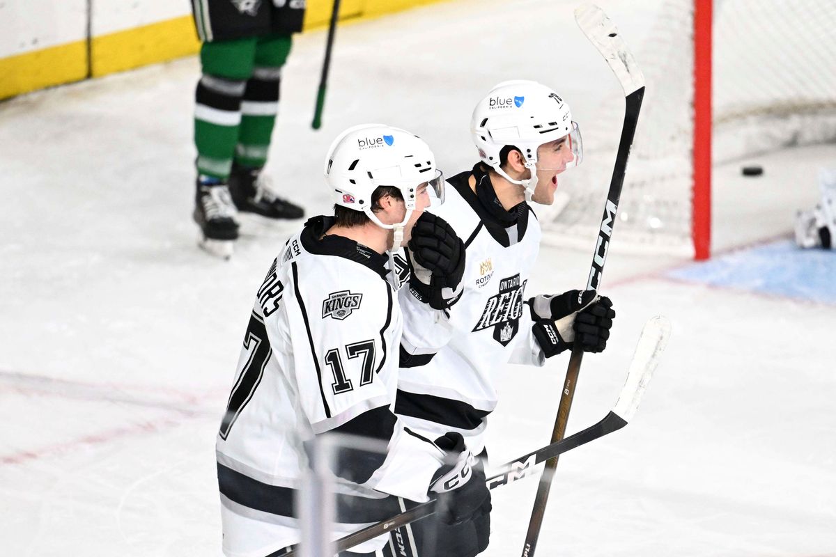 Ontario Reign forward Kenny Connors (17) celebrate’s a goal during an AHL hockey game agains’t the Texas Stars, Tuesday December 9th, 2025 in Ontario, Calif.