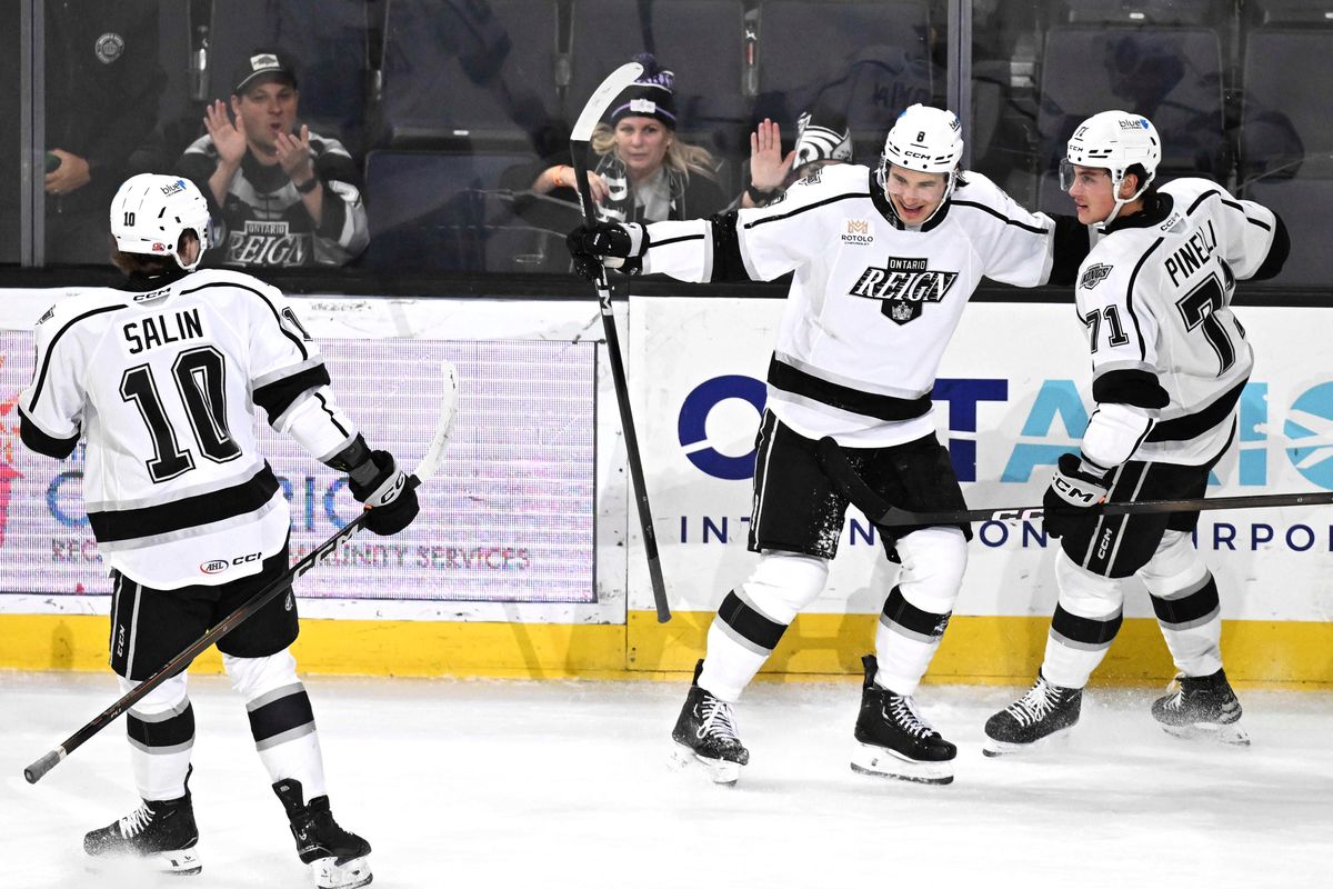 Ontario Reign forward Martin Chromiak (8) celebrate’s a goal during an AHL hockey game agains’t the Texas Stars, Tuesday December 9th, 2025 in Ontario, Calif.