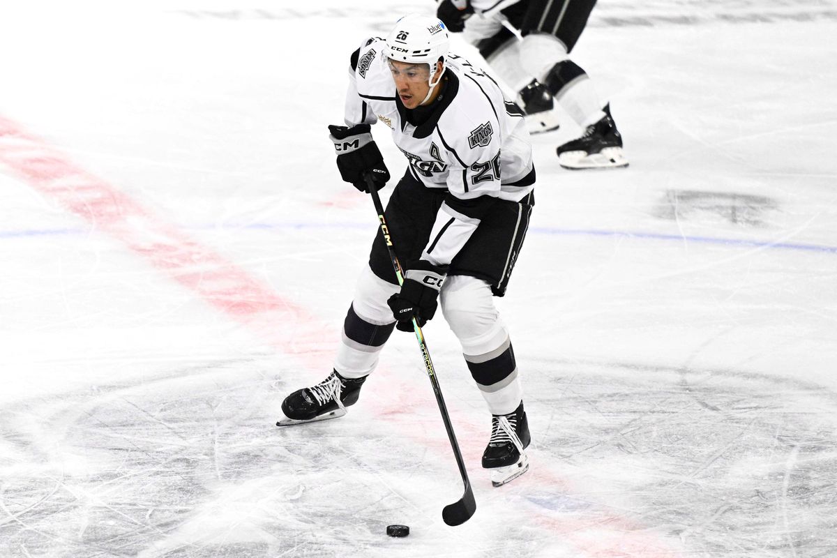 Ontario Reign forward Andre Lee (26) gains control during an AHL hockey game agains’t the Texas Stars, Tuesday December 9th, 2025 in Ontario, Calif.