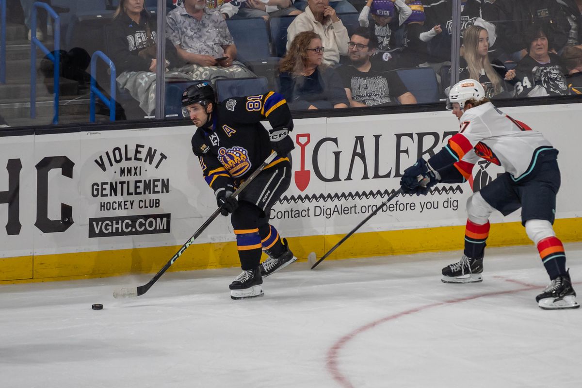 Ontario Reign forward Cole Guttman (81) passes a defenders during an AHL hockey game against Coachella Valley Firebirds, Saturday, Oct. 3, 2026, in Ontario, California. Ontario Reign forward Cole Guttman (81) passes a defenders during an AHL hockey game against Coachella Valley Firebirds, Saturday, Oct. 3, 2026, in Ontario, California.