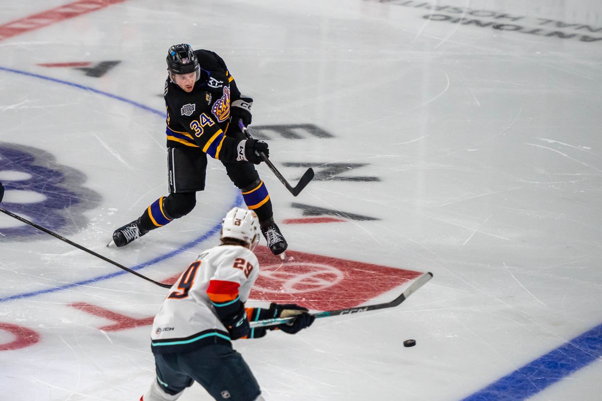 Ontario Reign forward Taylor Ward (34) shoots the puck during an AHL hockey game against Coachella Valley Firebirds, Saturday, Oct. 3, 2026, in Ontario, California. Ontario Reign forward Taylor Ward (34) shoots the puck during an AHL hockey game against Coachella Valley Firebirds, Saturday, Oct. 3, 2026, in Ontario, California.