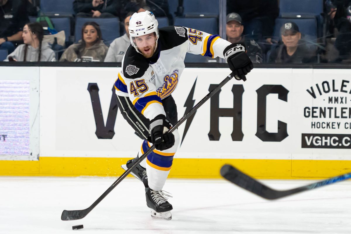 Ontario Reign defender Jack Millar (45) passes the puck during an AHL game against the Henderson Silver Knights, Saturday, Oct. 17, 2026, in Ontario, California. Ontario Reign defender Jack Millar (45) passes the puck during an AHL game against the Henderson Silver Knights, Saturday, Oct. 17, 2026, in Ontario, California.
