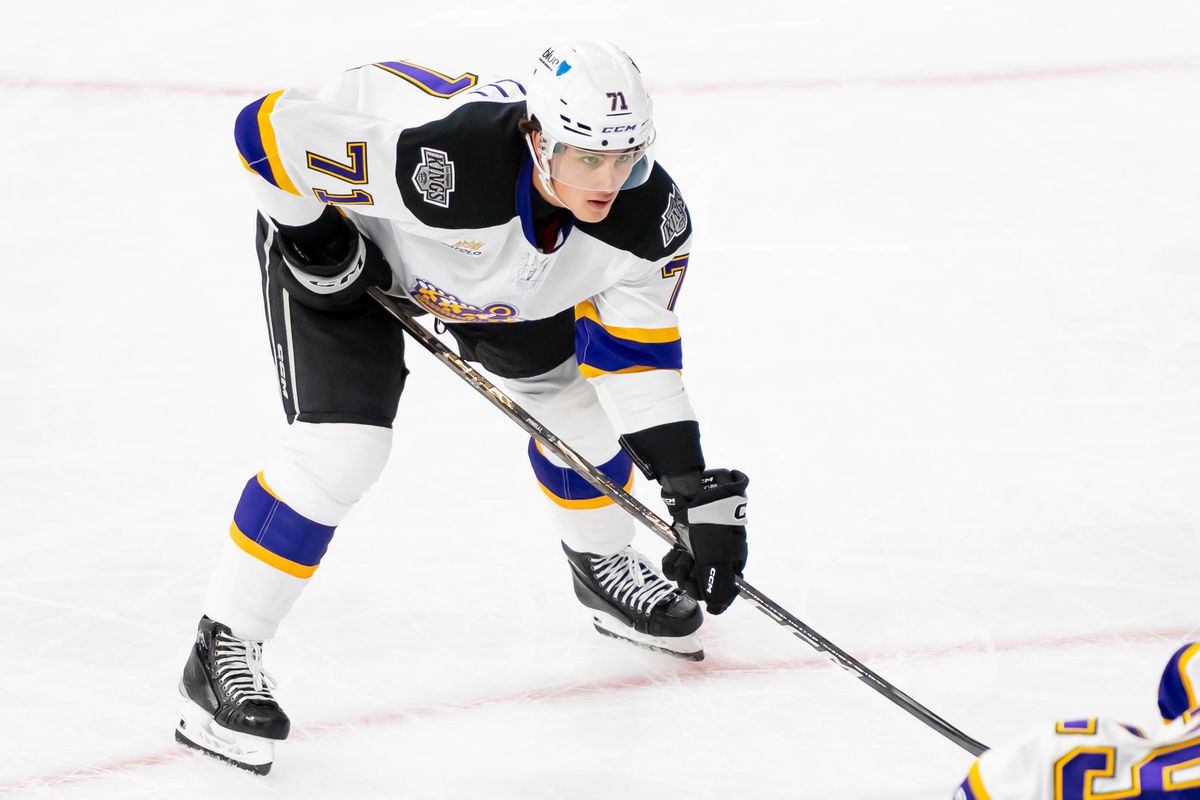 Ontario Reign forward Francesco Pinelli (71) looks on durning an AHL game against the Henderson Silver Knights, Saturday, Oct. 17, 2026, in Ontario, California. Ontario Reign forward Francesco Pinelli (71) looks on durning an AHL game against the Henderson Silver Knights, Saturday, Oct. 17, 2026, in Ontario, California.